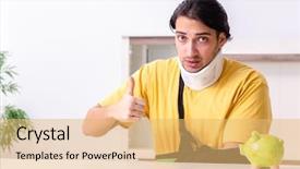  Presentation with car accident - Slide deck enhanced with injured piggy bank - young man after car accident background and a yellow colored foreground