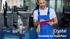  Presentation with mechanic repair - Cool new theme with car advance technology - concentrated mechanic writing on clipboard backdrop and a ocean colored foreground
