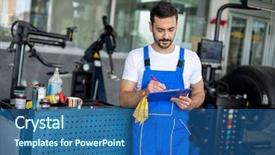  Presentation with mechanic repair - Presentation design enhanced with car advance technology - male mechanic writing on clipboard background and a ocean colored foreground