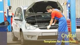  Presentation with work awards - Beautiful PPT theme featuring car assembly - repairman auto mechanic at work backdrop and a tawny brown colored foreground