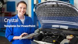  Presentation with mechanic tablet - Colorful slide deck enhanced with car at the repair garage backdrop and a ocean colored foreground