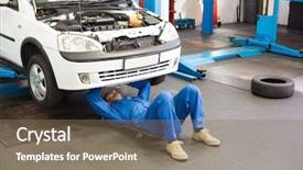  Presentation with garage car - PPT theme having mechanic lying and working background and a violet colored foreground