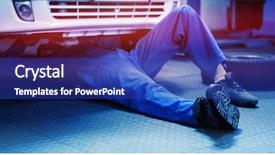  Presentation with mechanic repair - Slide deck with mechanic lying and working under car at the repair garage background and a royal blue colored foreground