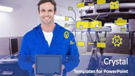  Presentation with mechanic tablet - Cool new theme with car battery - happy mechanic holding digital tablet backdrop and a teal colored foreground