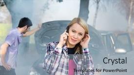  Presentation with car engine - Presentation design having car breakdown woman call background and a light blue colored foreground