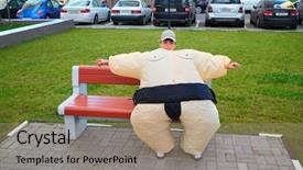  Presentation with sumo - Colorful PPT theme enhanced with car cartoon - boy in inflatable sumo wrestler backdrop and a coral colored foreground