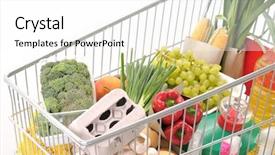  Presentation with shopping trolley - Presentation theme enhanced with car cartoon - shopping trolley full of grocery background and a white colored foreground