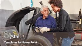  Presentation with woman engineer - Audience pleasing presentation theme consisting of car-champion-and-woman backdrop and a dark gray colored foreground