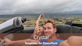  Presentation with sports car - PPT theme consisting of car couple taking selfie photo with phone on road trip driving cabriolet sports car on summer vacation with arms up in fun asian girl caucasian man dancing in open roof car background and a tawny brown colored foreground