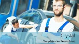  Presentation with auto repair - Beautiful PPT theme featuring car damage repair - portrait of auto mechanic worker backdrop and a  colored foreground