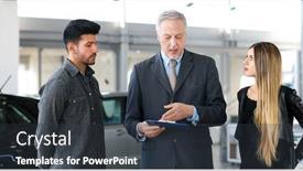  Presentation with car dealer - Cool new PPT theme with car-dealer-exaplining-a-car backdrop and a dark gray colored foreground