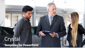  Presentation with car dealer - Audience pleasing presentation theme consisting of car-dealer-exaplining-a-car backdrop and a dark gray colored foreground