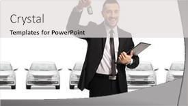  Presentation with car dealer - Audience pleasing PPT theme consisting of car-dealer-holding-a-car backdrop and a light gray colored foreground