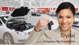  Presentation with auto dealership - PPT theme with car dealer woman auto dealership background and a mint green colored foreground