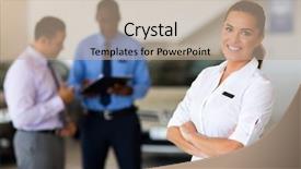  Presentation with after sales service - Amazing PPT theme having car dealership - attractive female vehicle sales consultant backdrop and a coral colored foreground