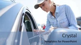  Presentation with survey - Presentation design consisting of car driver for customer survey background and a teal colored foreground