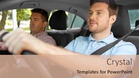  Presentation with car seat - Cool new slide set with car driving lesson and carpooling concept - instructor on passenger seat and young driver backdrop and a lemonade colored foreground