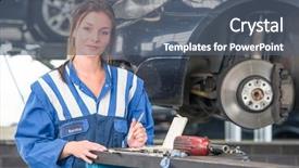 Presentation with female mechanic - Slide set enhanced with car during a periodic technical background and a ocean colored foreground