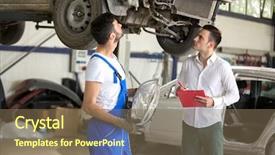  Presentation with engine - Cool new slide deck with car engine management - assessor and repair man talking backdrop and a violet colored foreground