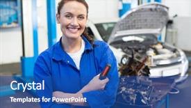  Presentation with garage car - Amazing slides having car engineering - mechanic smiling at the camera backdrop and a ocean colored foreground