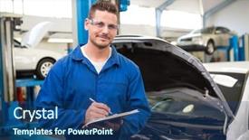  Presentation with mechanic repair - Amazing slides having car engineering - smiling mechanic writing on clipboard backdrop and a ocean colored foreground