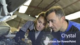  Presentation with mechanics - Presentation design with car factory - mechanics instructor teaching woman background and a ocean colored foreground