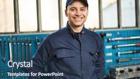  Presentation with heavy equipment mechanic - Colorful presentation theme enhanced with car factory - smiling mechanic portrait backdrop and a ocean colored foreground