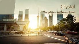  Presentation with financial center - PPT theme having car freeway - road in shanghai lujiazui financial background and a soft green colored foreground