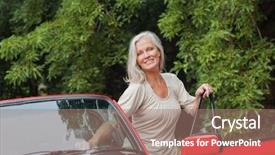  Presentation with cheerful - Theme featuring car grey - cheerful mature woman getting off background and a coral colored foreground