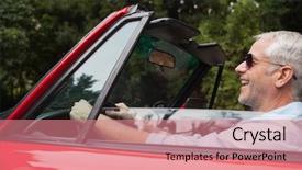  Presentation with driving - Cool new PPT theme with car grey - smiling handsome man driving red backdrop and a coral colored foreground
