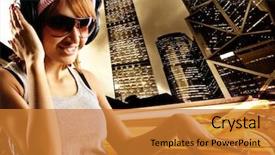  Presentation with cheerful stylish city girl using - Theme having close-up of young businesswoman showing graph on digital tablet background and a gray colored foreground