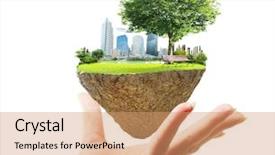  Presentation with city - Slide deck enhanced with car house - human hand holding the city background and a coral colored foreground