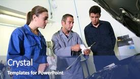  Presentation with motor oil - PPT layouts with car industry - instructor with students in repairshop background and a ocean colored foreground