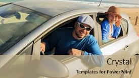 Presentation with low carbon travel - PPT layouts having car infiniti - travel family - fuerteventura background and a coral colored foreground