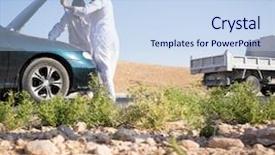  Presentation with issue - Amazing PPT layouts having car issue on the road backdrop and a sky blue colored foreground