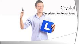  Presentation with car body repairer holding - PPT theme enhanced with happy man holding a car key and l plate isolated against white background background and a white colored foreground