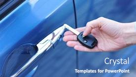  Presentation with car key - Beautiful presentation design featuring car key in woman's hand backdrop and a ocean colored foreground