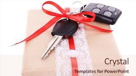  Presentation with red bow - Presentation theme with car keys with red bow on present box isolated on white background and a lemonade colored foreground