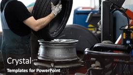  Presentation with mechanic shop - Audience pleasing PPT theme consisting of car-mechanic-changind-tires backdrop and a wine colored foreground