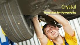 Presentation with car service - PPT layouts with car mechanic examining car suspension background and a tawny brown colored foreground