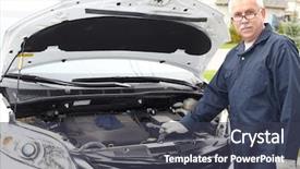  Presentation with auto repair - Amazing PPT theme having car mechanic in uniform auto repair service backdrop and a dark gray colored foreground