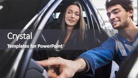  Presentation with problem solution motivation customer - PPT theme with car mechanic point out towards background and a dark gray colored foreground