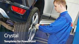  Presentation with car brake - Audience pleasing theme consisting of car mechanic screwing or unscrewing backdrop and a ocean colored foreground