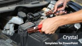  Presentation with battery - PPT theme with car mechanic uses battery jumper background and a dark gray colored foreground