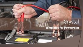  Presentation with electric car charging battery cells - Amazing slide set having car-mechanic-uses-battery-jumper backdrop and a coral colored foreground