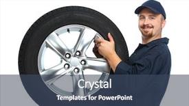  Presentation with change a flat car tire - PPT theme consisting of car mechanic with a tire background and a ocean colored foreground
