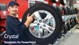  Presentation with garage car - Audience pleasing slide set consisting of car mechanic with a tire backdrop and a navy blue colored foreground