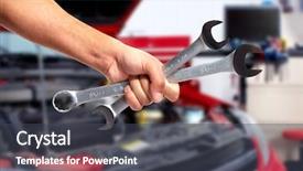  Presentation with garage car - Audience pleasing theme consisting of car mechanic with wrench auto backdrop and a dark gray colored foreground