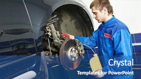  Presentation with car service - Cool new PPT layouts with car mechanic worker replacing brake backdrop and a ocean colored foreground