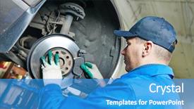  Presentation with garage car - Cool new presentation theme with car mechanic worker replacing brakes backdrop and a teal colored foreground